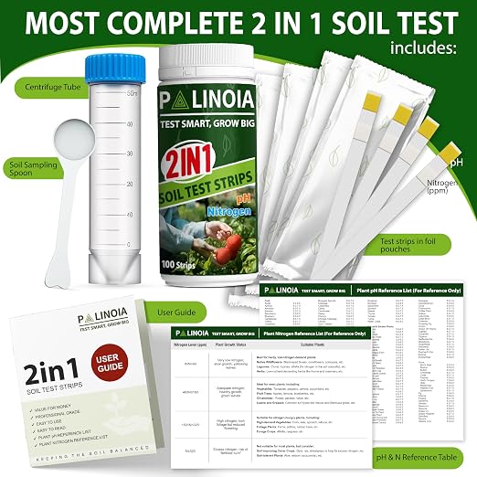 Soil Testing Kit 2-in-1 for pH & Nitrogen – 100 Pack in Resealable Pouches – Fast & Accurate Soil pH Tester for Garden, Lawn & Plants – Includes Spoon & Tube