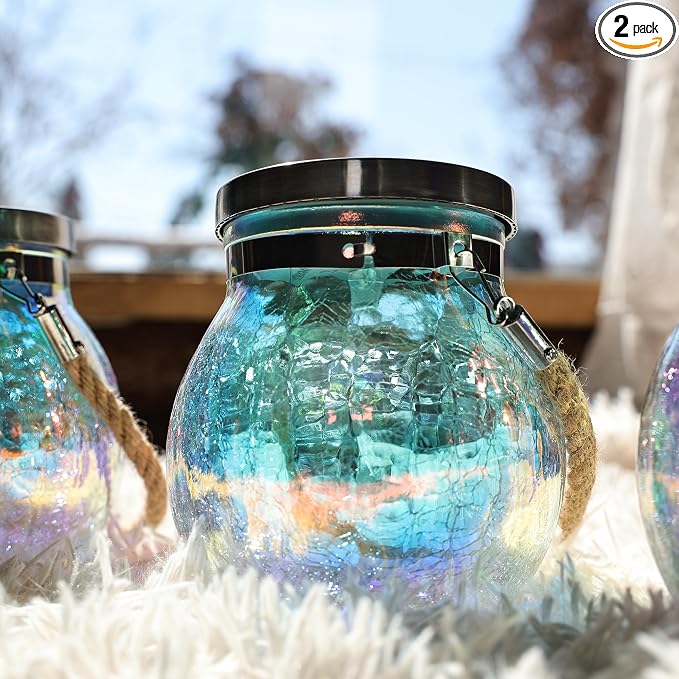 Cooo Gift for her him 2 Pack Solar Lanterns Waterproof Outdoor Iridescent Heavy Crackle Glass a Big LED Stainless Steel Lid 215% Solar for Women Mom Grandma Outdoor Table Lamps Garden Backyard Decor