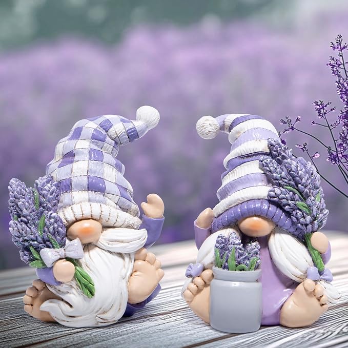 Hodao Set of 2 Lavender Gnome Figurines - Spring Decor for Bathroom, Shelf, Tiered Tray Patios, and Garden, Gift for Mom Friends Housewarming
