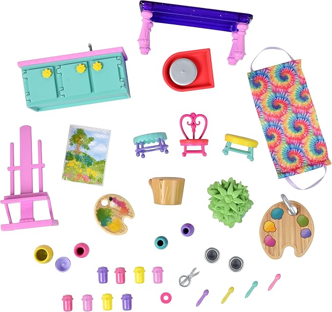 Sunny Days Entertainment Honey Bee Acres Rainbow Ridge Sunburst Art Studio – 50 Furniture Accessories with Exclusive Unicorn Figure | Light Up Dollhouse Playset | Pink Pretend Play Toys for Kids