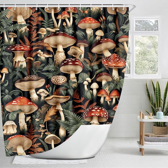 Retro Boho Mushroom Shower Curtain, Vintage Bohemian Witchy Dark Floral Botanical Bath Shower Curtain Set with 12 Hooks, Fairy Nature Plant Botanical Abstract Shower Curtain Bathroom 72"X72" Black