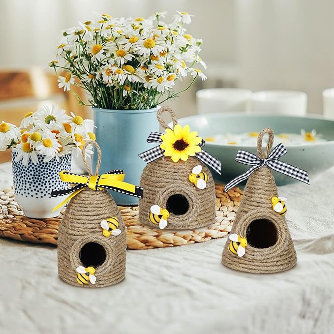 Bee Hive Decor,3 Pack Bumble Bee Rustic Hive,Natural Bee House, Bumble Bee Theme Party Decor Spring Summer Rustic Farmhouse Kitchecn Table Decorations, Honey Bee Tiered Tray Decoration