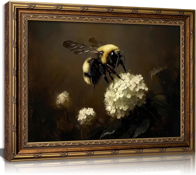 Vintage Gold Framed Bee Wall Art Dark Academia Insect Painting Canvas Print Gothic Moody White Hydrangea Picture Wall Decor Rustic Farmhouse Animal Poster Artwork for Living Room Bedroom Bathroom
