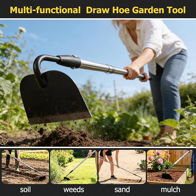 Draw Hoe Garden Tool, Heavy Duty Garden Hoes for Weeding Stainless Steel Long Handle, Easy Stand Up Scraping Weeder Tool for Garden, 80inch Adjustable Weed Hoe with 7-inch Wide Welded Blade
