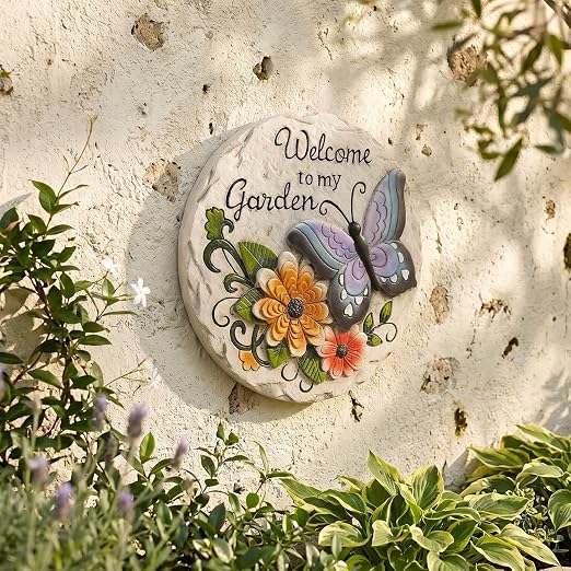 Garden Stepping Stones Outdoor Butterfly Step Stones for Walkway Gardening Gifts Welcome to My Garden Decorative Round Concrete Stones for Outside Yard Stone