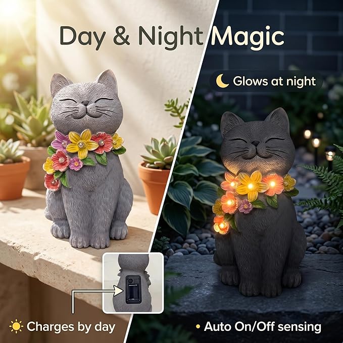 Solar Cat Garden Statue for Outdoor Decor, Cat Solar Light with Flowers, Resin Cats Figurine for Garden, Yard, Lawn Decor, Cats Lover Gifts for Women