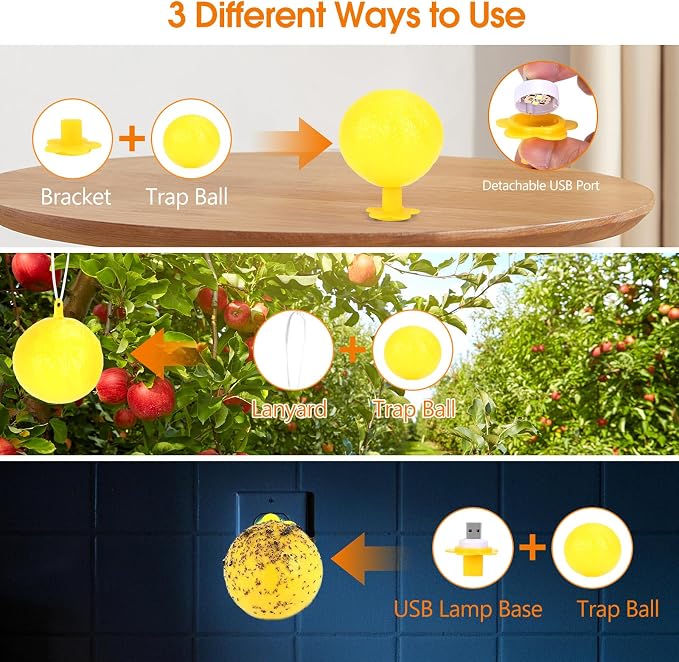 Original Fruit Fly Trap Ball with Light, 6pcs Hanging Fungus Gnat Killer Catcher, Adhesive Sticky Glue Catching Ball Fly Gnat Wasp Hornet Bugs Flying Insects Trap Ball for Indoor Outdoor Plant