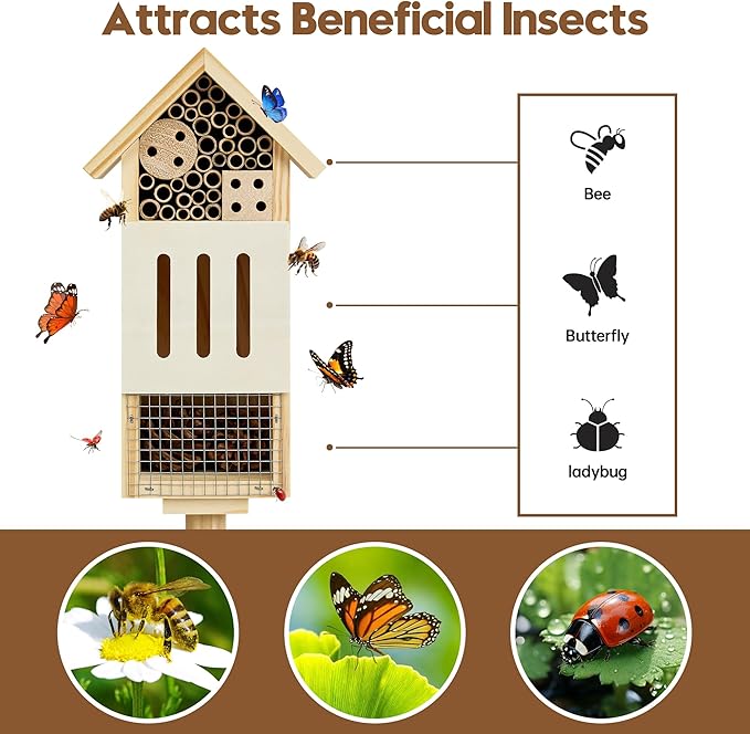 Bee House Bug Hotel & Butterfly House with Stake, Handcrafted Wooden Ladybug Hotel, Natural Insect Habitat for Garden, Patio, or Yard, Attracts Pollinators, 10.4 x 5.5 x 3.2 Inches,14 inches Stake
