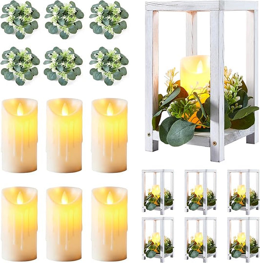 18 Pcs /6 Set Wooden Wedding Lantern Centerpiece-Wooden Candle Lantern Bulk Includes 6 Farmhouse Wooden Candle Holder 6 Flameless LED Candles 6 Eucalyptus Leaves Wreath for Decoration