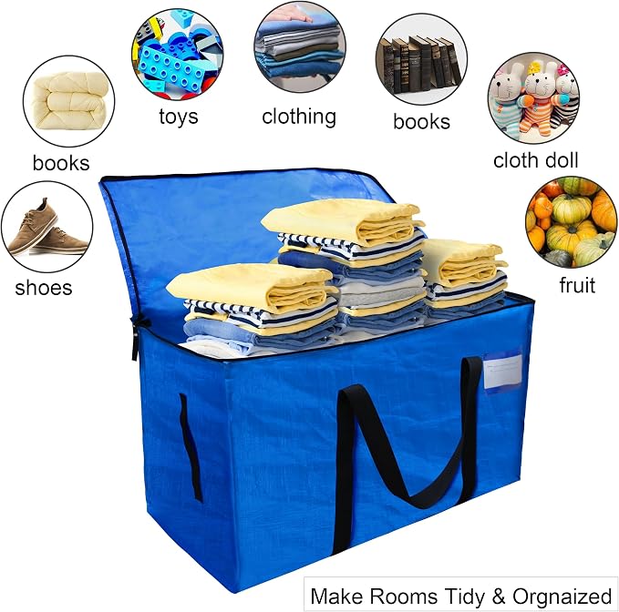 STARPYNG-Large Blue Zippered PE Storage Bag (Blue, 26X13X15inch) with Handles, Foldable Organizer for Clothes, Toys, Books, Travel & Home Organization, Multi-Purpose Tidy Solution