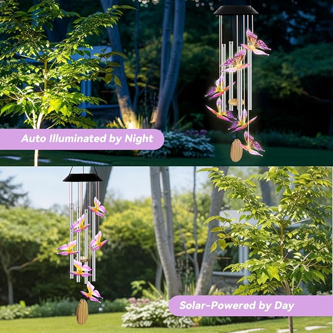 Wind Chimes for Outside, Solar Lights Outdoor Waterproof, Color Changing Butterfly Light for Yard, Outdoor, Patio, Garden Decor, Wind Mobiles Gardening Gifts for Women, Mom, Wife, Purple Butterfly