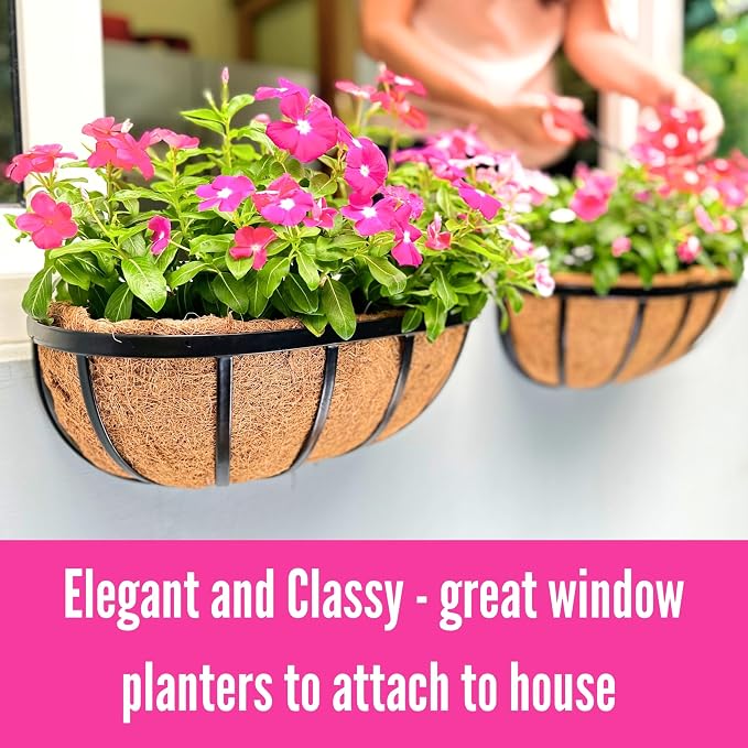 LaLaGreen Wall Planters for Outdoor Plant (16 Inch, 4 Pack) Deck Railing Planter Boxes for Outside Plants Window Flower Box with Coco Liners Metal Horse Troughs Fence Garden Herb Patio Porch over Rail
