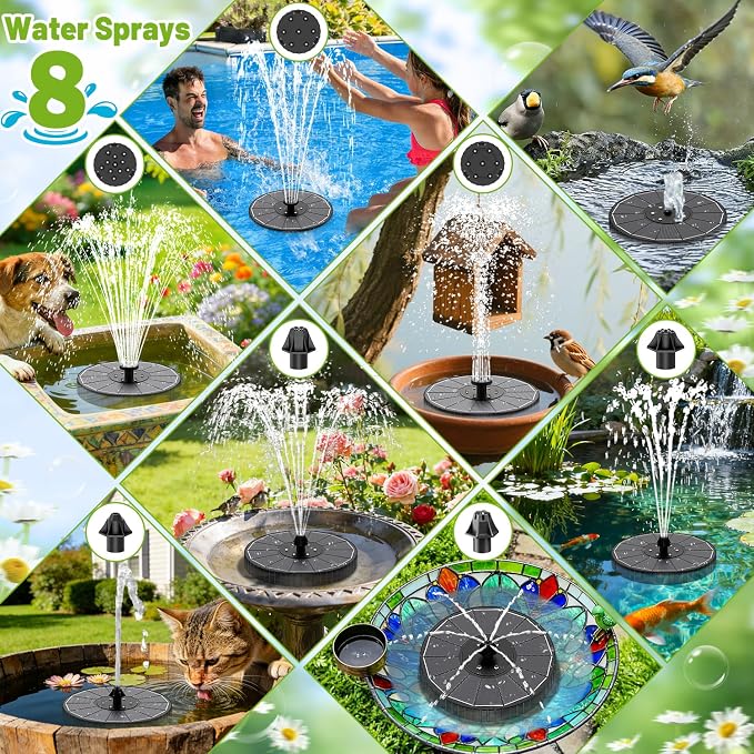Solar Fountain with 3 Spray Height, Colorful Led Lights, 3.5W Glass Solar Bird Bath Water Fountain with 2000mAh Battery, 4 Rotating Rods and 7 Nozzles for Hummingbird Bathing, Outdoor Decor