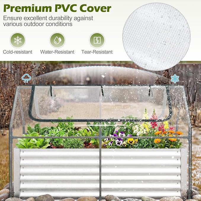 Giantex 3-in-1 Metal Raised Garden Bed with Greenhouse Cover, 6x3x4 FT Galvanized Elevated Outdoor Planter Box with Roll-Up Windows, Open Base Grow Box for Vegetables, Flowers and Herbs, Silver