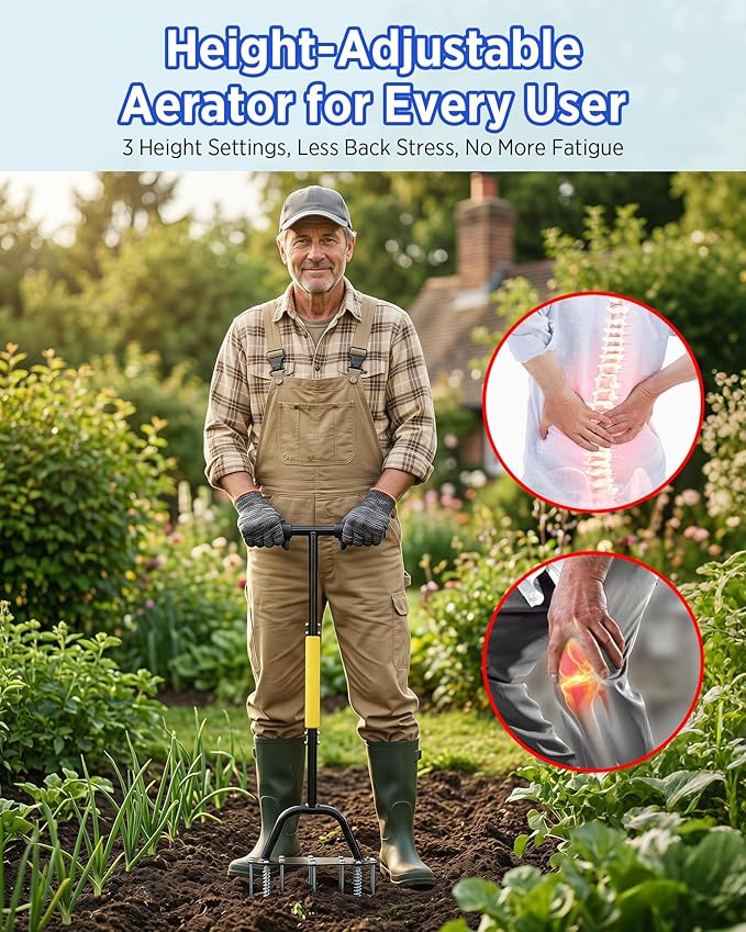 Manual Lawn Aerator with Double-Layer Spring, Heavy Duty Garden Soil Loosener Tool, Spike Aeration Tool with T-Handle and Large Foot Plate for Lawn, Yard, Garden Soil
