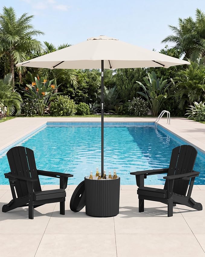 SERWALL Outdoor Round Umbrella Side Table, Outdoor Patio Table with Umbrella Hole for Porch/Patio/Poolside, 3-in-1 Multi-Functional Use, Black