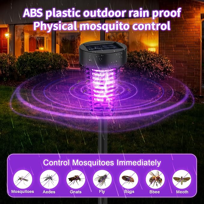 Qualirey 4 Pack Solar Bug Zapper Outdoor Waterproof Mosquito Repellent Killer Bug Zapper Lamp with LED Light for Outdoor Garden Patio Yard (Purple and Flame Light,Black)
