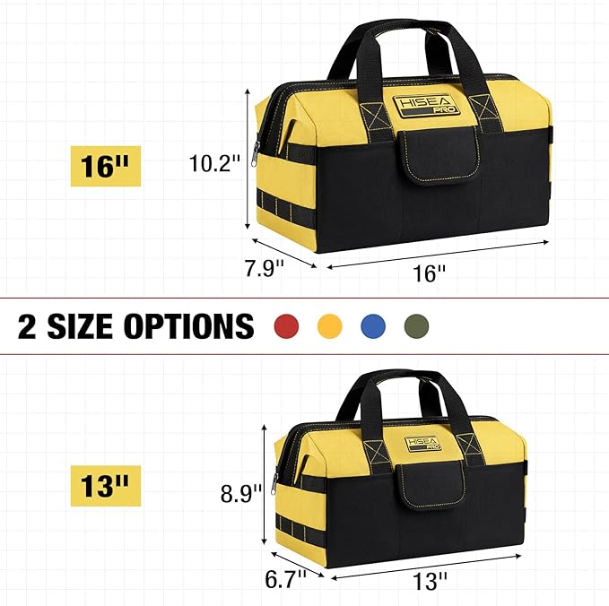 HISEA 3 Pack Heavy Duty Tool Bag with Storage Pockets, 13-Inch Tools Organizer Tote with Wide Base, Waterproof Durable Tool Bags with Zipper for Electrician, Tradesman (Red, Yellow, Blue)