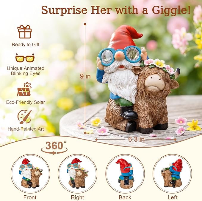 C&Y&G&X Solar Garden Gnome Statue with Highland Cow, Outdoor Solar Garden Decor with LED Lights, Waterproof Resin Yard Art Lawn Ornament for Patio Yard Porch, Gifts for Women Garden Lovers
