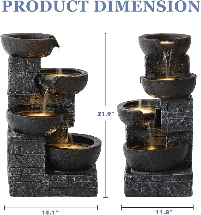 Grepatio Outdoor 4-Tiers Water Fountain, Garden Cascading Waterfalls Fountain with 4 LED Lights, 21.9" H Modern Indoor/Outdoor Bowl Waterfall Feature Water Fountains for Garden, Yard Decor (Brown)