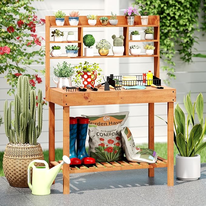 Giantex Potting Bench Table, Outside Solid Wood Gardening Table with Flip-up Tabletop, Storage Shelves, Indoor Outdoor Wooden Workstation for Patio Porch Balcony, Potted Plant Display Rack (Brown)