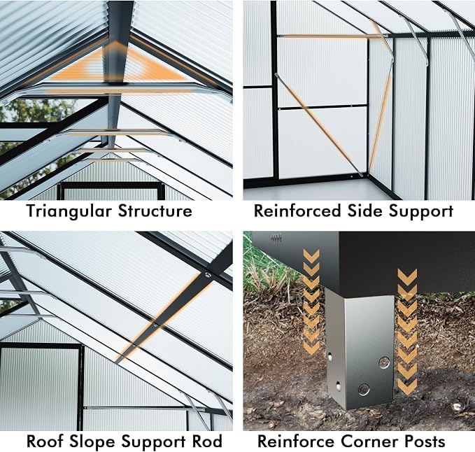 8X10FT Greenhouses for Outdoors with Electronic Thermometers, Green Houses for Outside with Drainage Channel Roof Vent for Backyard, Walk-in Greenhouse Kit Withstands Strong Wind or Snow