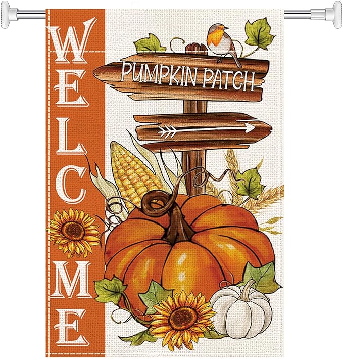 Fall Garden Flag burlap autumn vertical double Sided Fall Thanksgiving Pumpkin Garden Flag Yard Outdoor Decoration(28 * 40in)