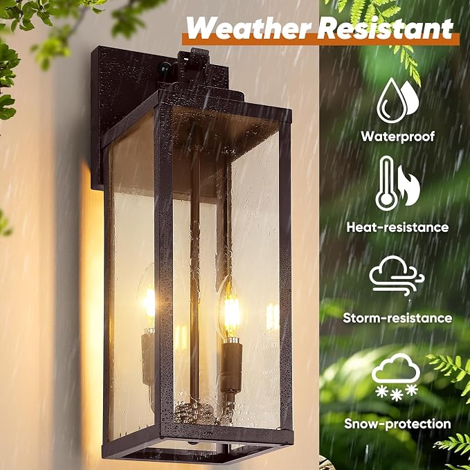 BesLowe 18” Upgraded Motion Sensor Outdoor Wall Lights, Dusk to Dawn Porch Lights Outdoor Wall Sconces, 3 Lighting Modes Exterior Lighting Fixtures with Hooks, Brown Outside Lights for House, 2-Pack