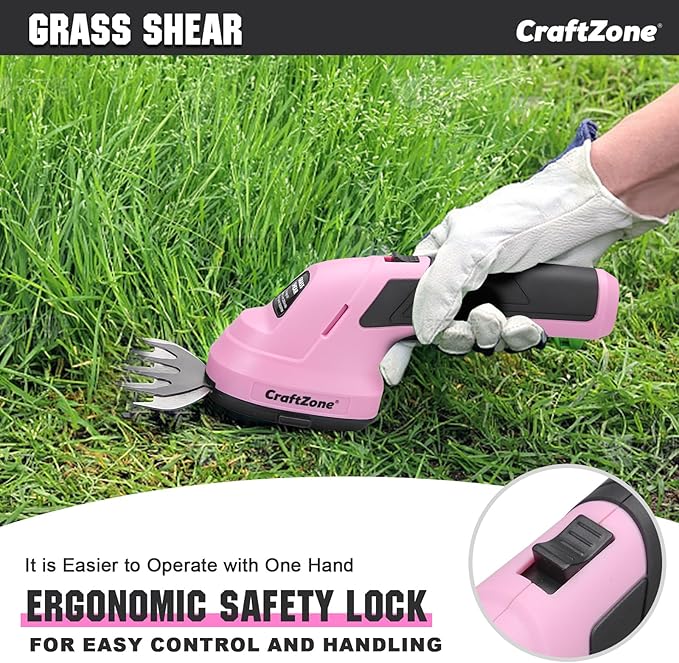 2-in-1 Cordless Grass Shear and Hedge Trimmer - Pink, 8V Handheld Electric Shrub Trimmer/Grass Cutter with Rechargeable Lithium-Ion Battery and Type-C Charging Cable