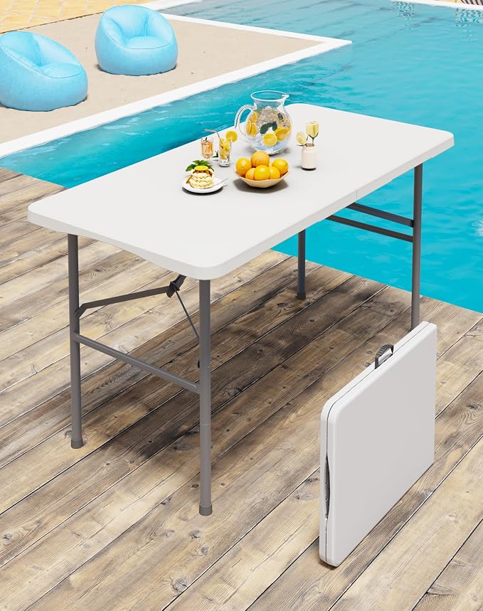 4FT White Folding Table for Outdoor, 4 Foot Picnic Tables No Assembly Required Portable, White Foldable Table for Camping, Parties, Meeting, Events, Wedding, BBQ, with Carrying Handle