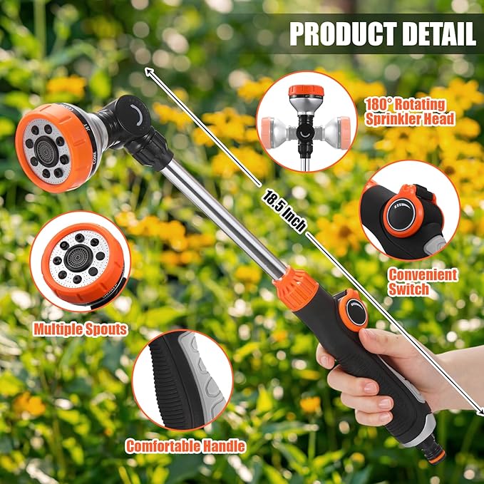 Hushee 4 Pack 18.5-Inch Metal Watering Wand with 180° Rotating Head, 8 Adjustable Spray Patterns & Thumb Control Nozzle – Perfect for Hanging Baskets, Shrubs & Plants, Durable Garden Hose Sprayer