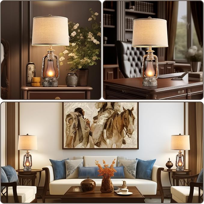 Farmhouse Rustic Table Lamps Set of 2, Iron Gray | Vintage Lantern Design, Dual USB Ports, 25 Inch Tall, 4 Bulbs Included