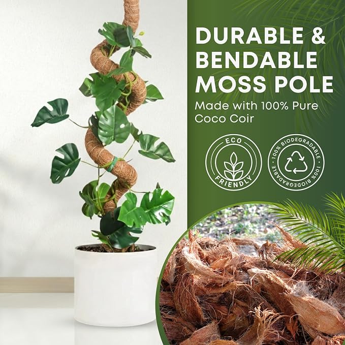 28 Inch 2 Pack Bendable Moss Pole Monstera Plant Support | Plant Stakes for Indoor Plants | Coconut Fiber Moss Poles for Climbing Plant| Handmade Coco Coir Plant Sticks for Potted Plants