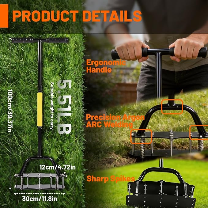 Standing Lawn Aerator with 17 Spikes, 39.37" Carbon Steel Soil Aerator Tool Wide 11.8"x4.72" Base & Includes Gloves for Effortless Soil Loosening and Yard Aeration