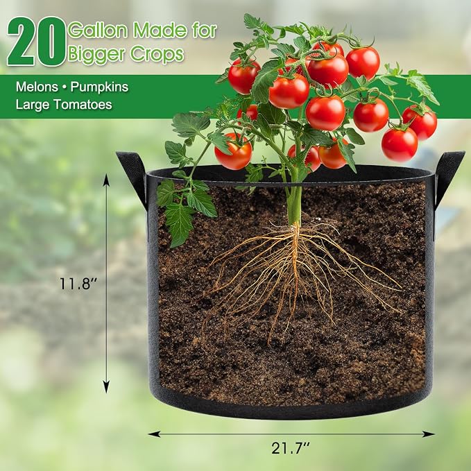 FEED GARDEN 20 Gallon Grow Bags 8 Pack 300G Thickened Fabric Plant Pots | Grow Bags with Reinforced Handles, Breathable Drainage Planters for Vegetables, Tomatoes, Herbs, Indoor & Outdoor Gardening