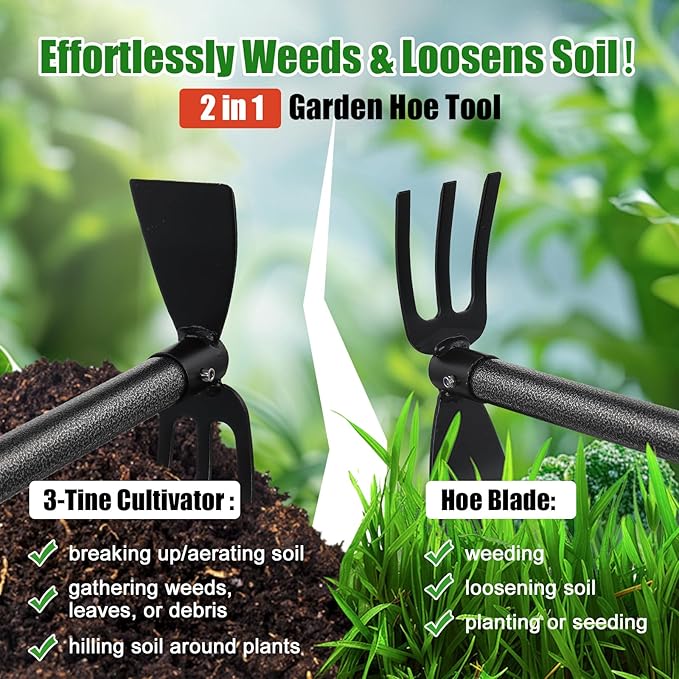 Heavy Duty 2-In-1 Garden Hoe with 3 Tine Cultivator Rake, Carbon Steel Sharp Weeding Tool with 45"Adjustable Handle For Weed Removal & Soil Loosening In Raised Beds, Flower & Vegetable Gardens