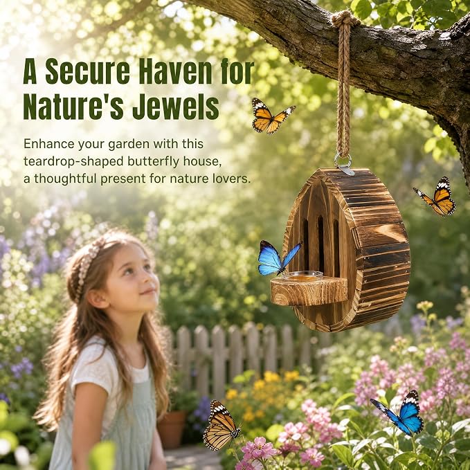 Butterfly Houses for the Garden, Butterfly House Wooden Shelter with Feeder and Hanging Design, Habitat Nesting Box for Outdoors, Pollinator House for Butterflies, Moths, Lacewings, Ladybugs (1PC)
