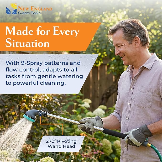 9-Pattern 36-inch Watering Wand 600004, 270° Pivot Head, Heavy-Duty Hose End Sprayer w/Lever Control for Fruit Trees, Yard Work, & Car Cleaning, Fits Outdoor Garden Hoses, by New England Garden Tools