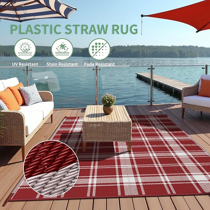 GENIMO Waterproof Outdoor Rug for Patio Clearance, 6'x9' Reversible Plastic Straw Rugs, Lightweight RV Camping Mat for Camper, Balcony, Deck, Backyard, Picnic, Red White Plaid