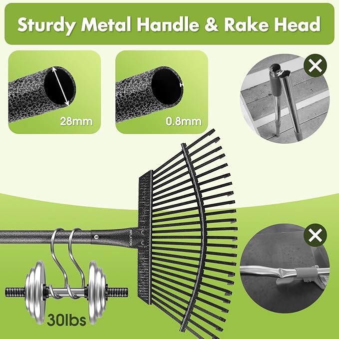 Rake for Leaves, Heavy Duty Leaf Rakes for Lawns & Yard - 79” Adjustable Long Handle 18” Width 25 Metal Tines - Gardening Rake for Adults Kids for Shrub,Grass,Mulch