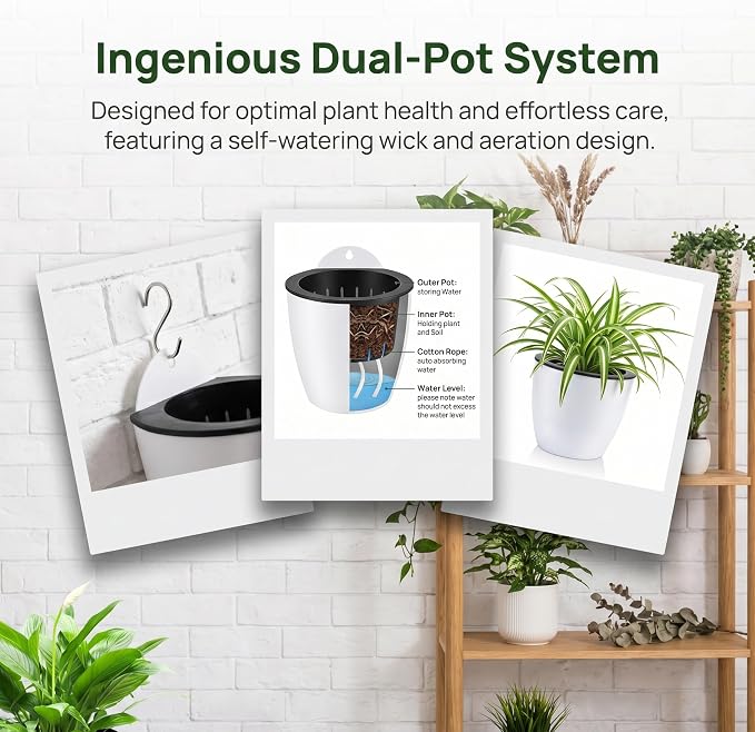 Jucoan 9 Pack Self Watering Wall Hanging Planters Pots for Indoor Plant, 5 Inch White Plastic Lazy Flower Pot with 9 Hooks for Garden Fence, Porch, Wall
