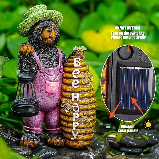 Joint Honglin Solar Black Bear Garden Statue with Lighted Beehive & Lantern, Resin Bear Holding Honey Bee Hive, Outdoor Waterproof Solar Garden Decor, Yard Lawn Patio Porch Farmhouse Decoration