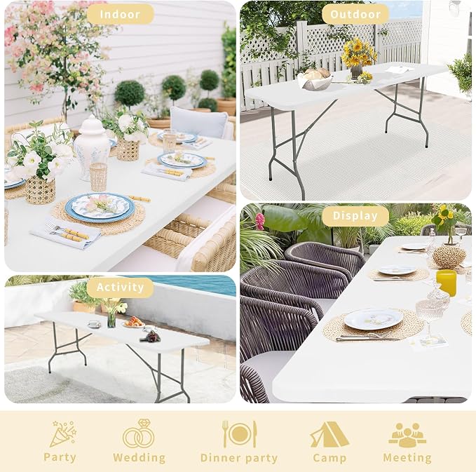 HAISIWLKJ Folding Table 8 FT Camping Table Portable White Heavy Duty Plastic Rectangular Outdoor Dining Table Steel Legs Fold-in-Half with Carrying Handle for Indoor,Picnic,Party,Wedding,Events