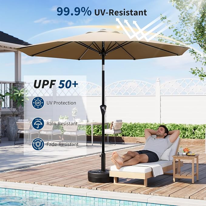 GarveeLife 9FT Umbrella Outdoor Patio, Table Umbrella with Push Button Tilt and Crank, 8 Sturdy Ribs Waterproof UV Protection for Garden, Pool, Backyard, Deck, Market