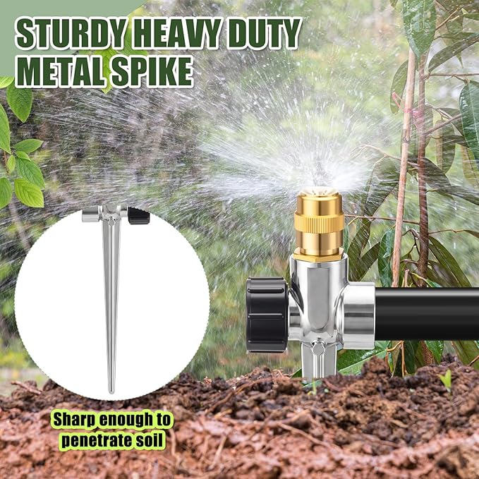 Tioncy 4 Pack Metal Lawn Sprinkler Automatic Garden Water Sprinkler on Spike Base 360 Degree Rotation with Adjustable Brass Nozzle for Lawn Garden Yard (Silver)