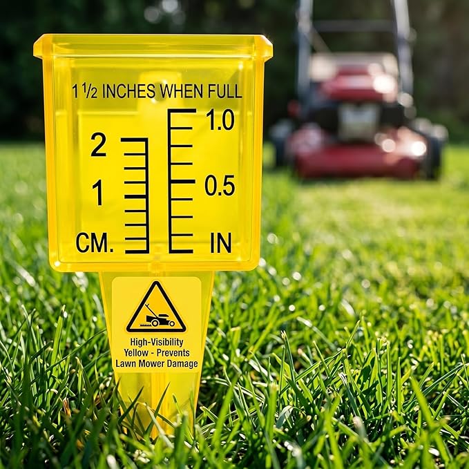 4 Pack Rain Gauge Outdoor, 1.5" Plastic Water Gauge for Rain with Wide Mouth & Ground Stake, Sprinkler Measuring Cup Tool for Yard Lawn Garden Irrigation, High Visibility Yellow Weather Instrument
