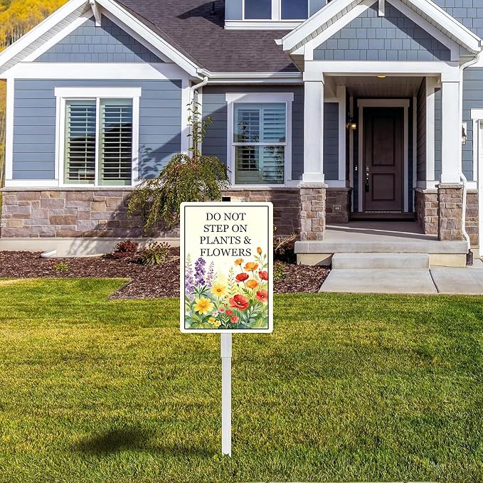 Do Not Step On Plants And Flower Yard Sign With Stakes Do Not Walk In Stay Out of Flowers Bed Signs Keep Off Wildflower Pollinator Habitat Reflective Rustproof Aluminium Garden Outdoor 8X12 IN