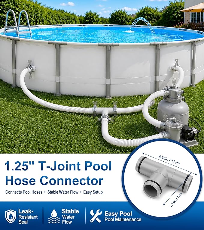 Pool Hose Connector for Leak-Proof Dual Seal and Stable Water Flow, 1.25" to 1.25" T-Joint Pool Hose Adapter for Pool Parts and Accessories Replacement, Easy No-Tool Install for Above Ground Pools