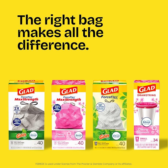 Glad ForceFlex Tall Kitchen Trash Bags, 13 Gallon, Gain Fresh Clean, 40 Count (Package May Vary) (Pack of 6)