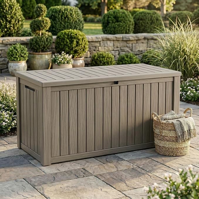 180 Gallon Outdoor Storage Box Waterproof, Resin Lockable Deck Box with Lid, Large Capacity Weatherproof Container for Patio Furniture, Side Table and Cushions(Grey, 180 Gallon)